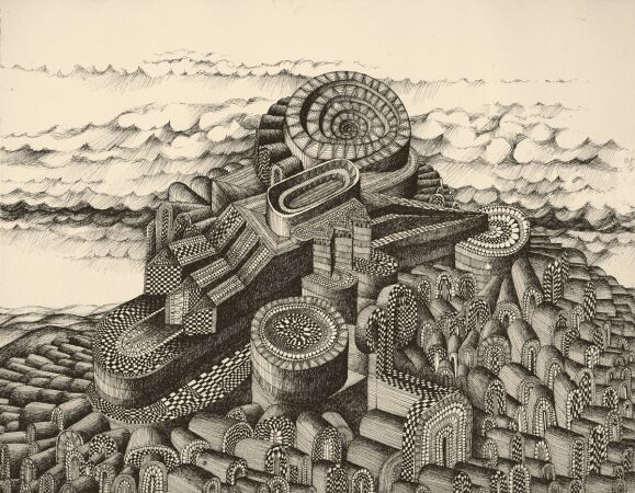 Michael Kny, Schsisches Babel, Tusche auf Papier, 27,5  34 cm (1981)
