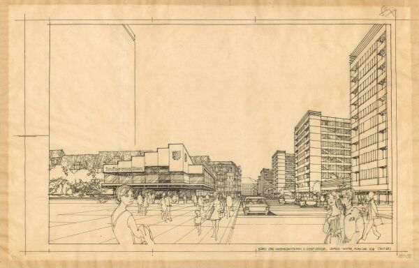 Hans-Dietrich Wellner, Leipzig, Sachsenplatz, Tusche auf  Transparentpapier, 35  53 cm (1968)