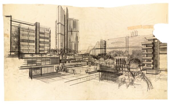 Peter + Ute Baumbach, Gera, Skizze fr den Wettbewerb Stadtzentrum, Bleistift auf  Transparentpapier, 56  96 cm (1967/68)