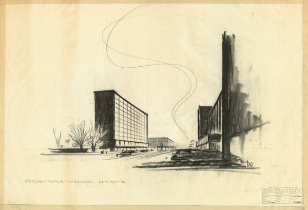 Heinz Auspurg, Leipzig, Brohochhaus in der Leninstrae (heute Prager Strae), Zeichenkohle auf Transparentpapier, 44,5  66,5 cm (1960er Jahre)