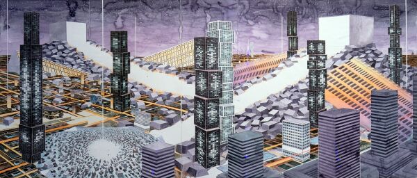 Thomas Ravens, City upon two hills, 2020, Tusche auf Bristol auf Leinwand, 200 x 470cm