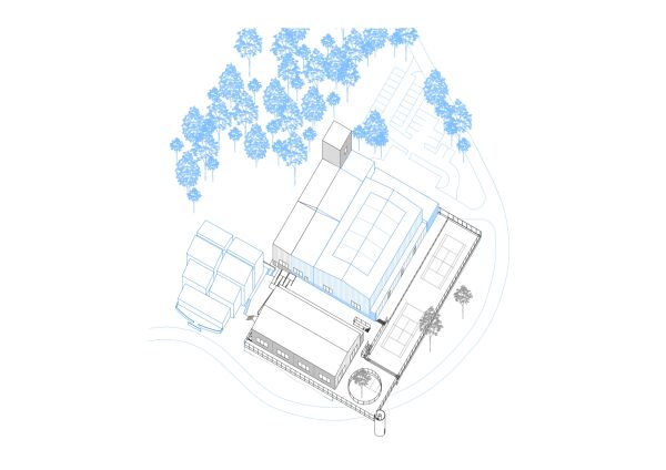 Axonometrie 2. Bauabschnitt (Bestand in Blau, Erg�nzung in Schwarz)