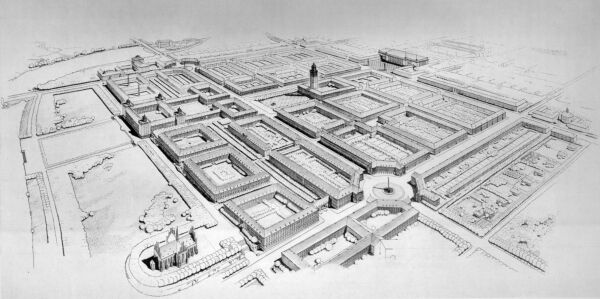 Vogelschau der geplanten Innenstadt in Zichenau von Artur Reck, 1941