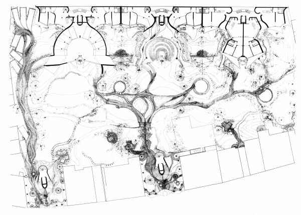 Wohnhuser Fraenkelufer 38 und 44. Gesamtplan Erdgeschoss mit Gartengestaltung.