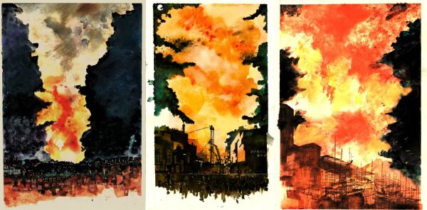 Shortlist Kategorie Handzeichnung 2023: �The Glasgow School of Art Fire (triptych)� von Alan Dunlop