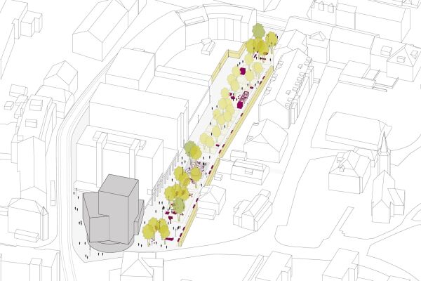 Axonometrie von Turm und gr�ner Promenade