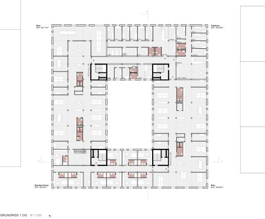 3. Preis: UTA Architekten und Stadtplaner (Stuttgart) mit Hannes Hrr Landschaftsarchitektur (Stuttgart); Grundriss Regelgeschoss Vertiefungsbereich 2