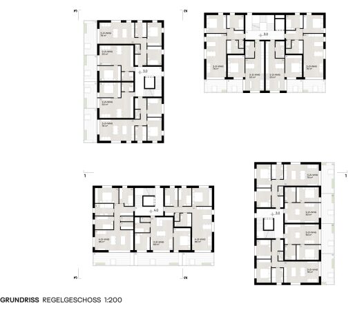 Anerkennung: ARGE HK Architekten (Schwarzach) / JK&P (Dornbirn) mit Uniola (Mnchen); Grundriss Regelgeschoss Vertiefungsbereich 2