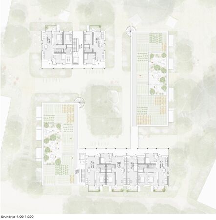 1. Preis: schneider+schumacher Stdtebau (Frankfurt a. M.) mit Carla Lo Landschaftsarchitektur (Wien); Grundriss Dachgeschoss Vertiefungsbereich 1