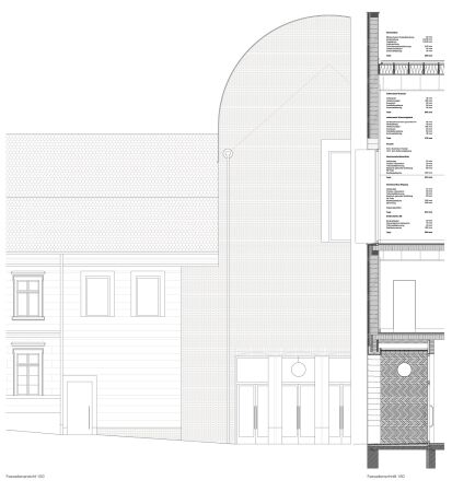 2. Preis: ARGE Bro Wortmann Gork Architekt:innen und NOTO Basista Becker Jansen (Berlin), Fassadenansicht und -schnitt
