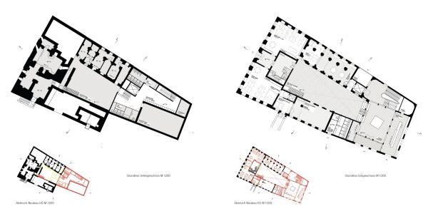 2. Preis: ARGE Bro Wortmann Gork Architekt:innen und NOTO Basista Becker Jansen (Berlin), Grundriss EG und UG
