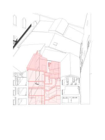 Perspektivischer Schnitt, Abrissplan zur Freilegung des Innenhofs