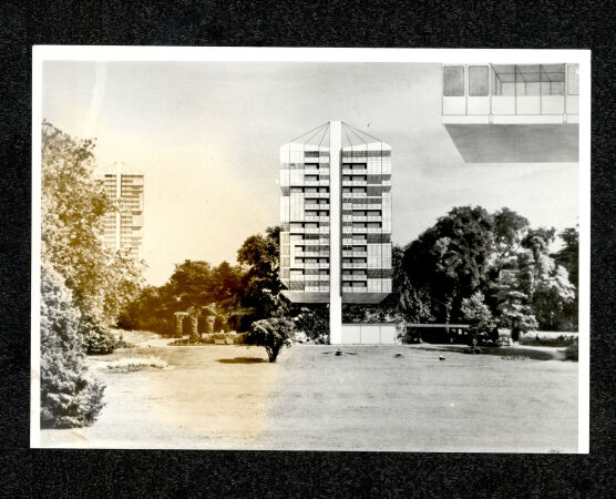 Wohnbauten mit vernderlicher Nutzung, Ansicht, Fotomontage, Dozent: Peter Sulzer, Studierende: Rolf Berner, Mario Forn, Georg Furler, Hans Peter Goeggel, Paul Liner, Christian Ulrich Merten, Isa Maria Moreira da Cunha, 1964-65