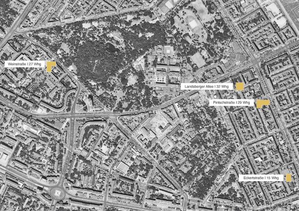 Luftbild mit allen vier Projekten in Friedrichshain