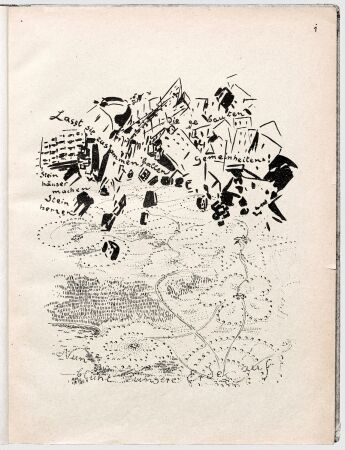 Zeichnung Bruno Tauts aus dem Jahr 1920: Lat sie zusammenfallen, die gebauten Gemeinheiten! Steinhuser machen Steinherzen