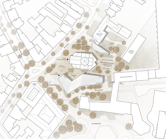 4. Preis: Architekturbro Bhm (Kln) mit JSWD Architekten und RMP Stephan Lenzen Landschaftsarchitekt:innen (beide Berlin), Lageplan