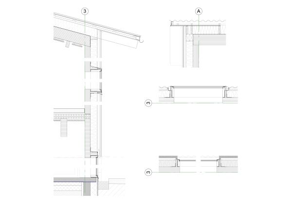 Detailschnitte: Fassade (links); Traufe vertikal, Fenster horizontal, Fenster horizontal (rechts, von oben nach unten)