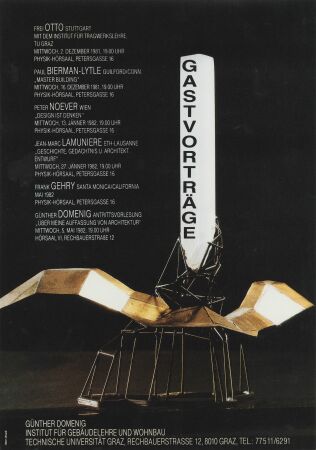 Poster zur Gastvortragsreihe 1981/82 des Instituts f�r Geb�udelehre und Wohnbau an der TU Graz, Professur G�nther Domenig