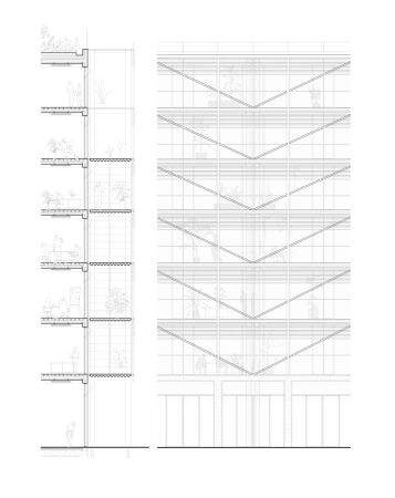 Vorgestellte Fassade Geb�ude H, Schnitt und Ansicht