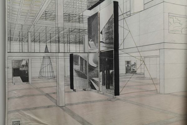 Fotokopie und Collage der Ausstellungshalle des Niederl�ndischen Architekturinstituts mit aufgeklebten Fotokopien, 1989.