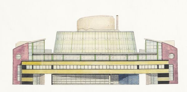 Ausschnitt und kolorierte Fotokopie des Entwurfs f�r den st�dtischen B�ro- und Wohnkomplex in Delft, 1986.