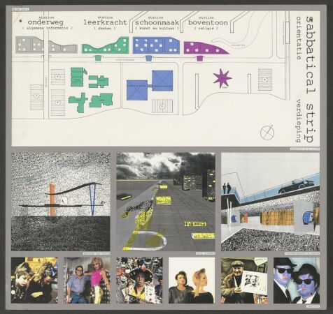 W.H. Stenfert Kroese, A. Laane, F. Spoek, J. Wiersma und A. Zeinstra, Ausstellungstafel f�r den Entwurf �Sabbatical Strip� mit aufgeklebten Collagen f�r den Wettbewerb Telematica 2025, 1987.