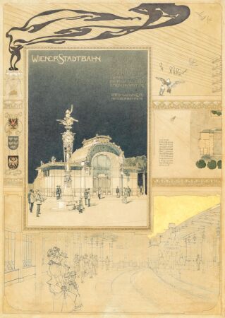 Pr�sentationsblatt zur Wiener Stadtbahn mit den Stationen Akademiestra�e-Technik und Gumpendorfer Stra�e, 1898, Bleistift, Feder, Aquarell, Spritztechnik, Wei�h�hungen und Goldfarbe, 64,8 � 46,2 cm