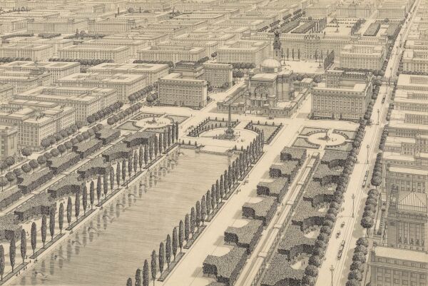 Idealentwurf des 22. Wiener Gemeindebezirks, 1911, Bleistift und Feder laviert, 60,5 � 81,7 cm