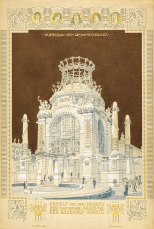 Projekt f�r den Neubau der Akademie der bildenden K�nste, 1898, Bleistift, Feder, Aquarell, Spritztechnik, Deckfarben, Wei�h�hungen und Goldfarbe, 104,4 � 70,5 cm