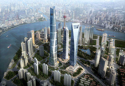 Die drei Supertrme Shanghais (von links nach rechts): Shanghai Center, Jinmao-Tower und das Shanghai World Financial Center